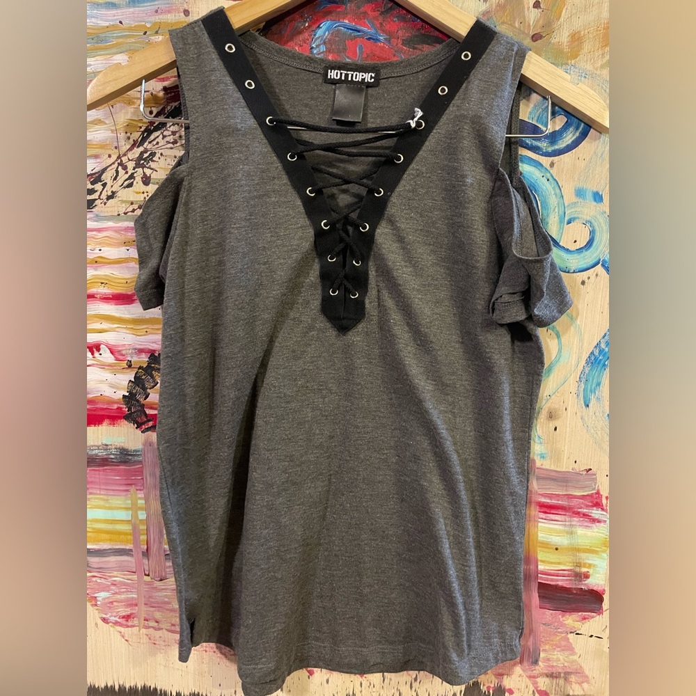 Hot Topic Charcoal Lace-Up Cold Shoulder Top